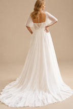 Rutipo Ivory Plus Size Sweetheart Short Sleeves Sweep Train Chiffon/Lace Wedding Dresses