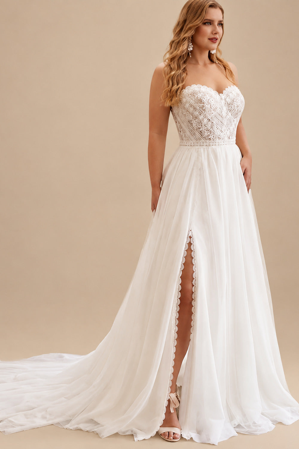 Rutipo Ivory Plus Size Sweetheart Short Sleeves Sweep Train Chiffon/Lace Wedding Dresses