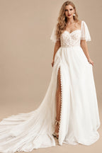 Rutipo Ivory Plus Size Sweetheart Short Sleeves Sweep Train Chiffon/Lace Wedding Dresses