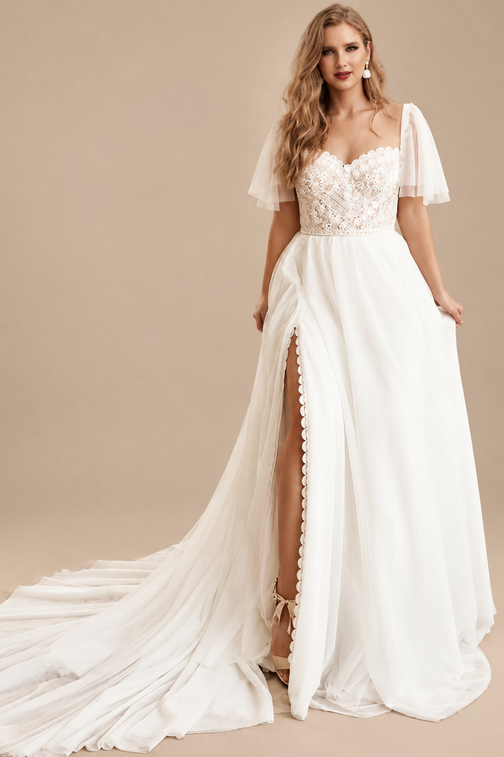 Rutipo Ivory Plus Size Sweetheart Short Sleeves Sweep Train Chiffon/Lace Wedding Dresses