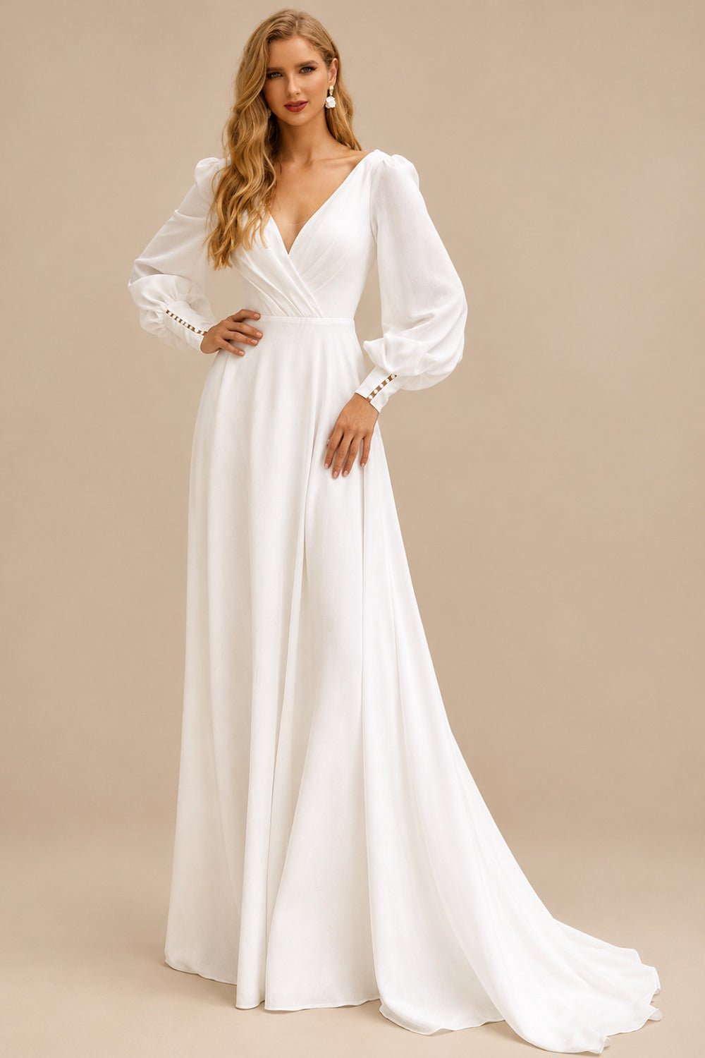 Rutipo Ivory A-Line V-Neck Long Sleeves Stretch Satin Wedding Dresses With Beading