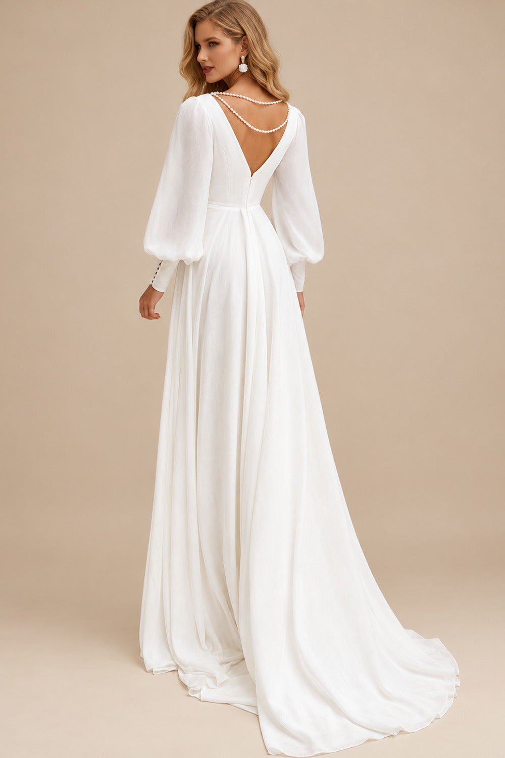 Rutipo Ivory A-Line V-Neck Long Sleeves Stretch Satin Wedding Dresses With Beading