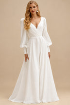 Rutipo Ivory A-Line V-Neck Long Sleeves Stretch Satin Wedding Dresses With Beading