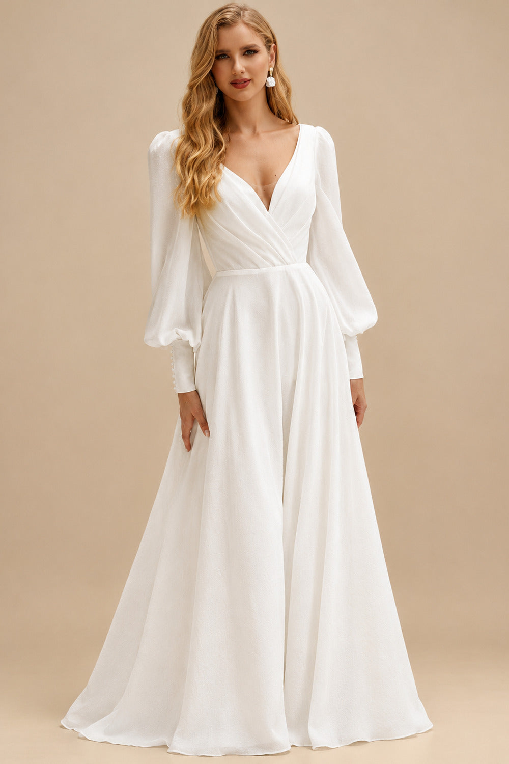 Rutipo Ivory A-Line V-Neck Long Sleeves Stretch Satin Wedding Dresses With Beading
