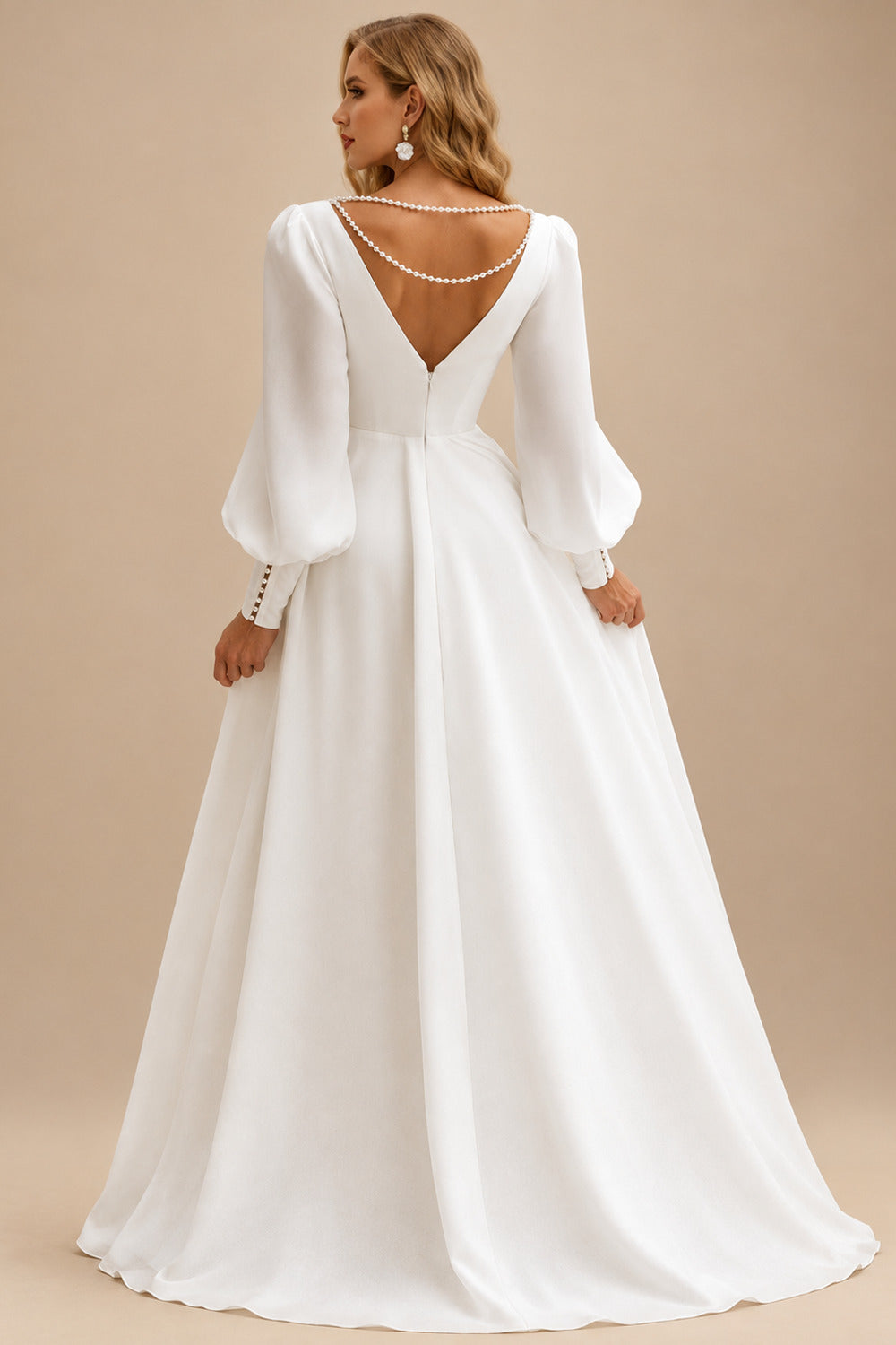 Rutipo Ivory A-Line V-Neck Long Sleeves Stretch Satin Wedding Dresses With Beading