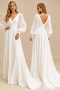Rutipo Ivory A-Line V-Neck Long Sleeves Stretch Satin Wedding Dresses With Beading