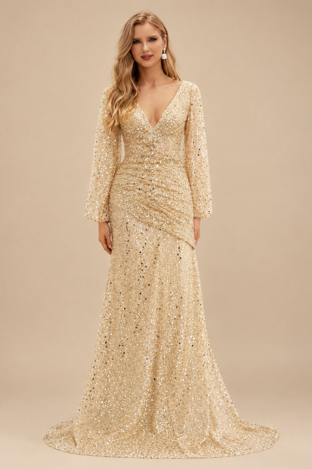 Rutipo Champagne Sparkly V-Neck Long Sleeves Sweep Train Sequined Wedding Dresses With Split Front