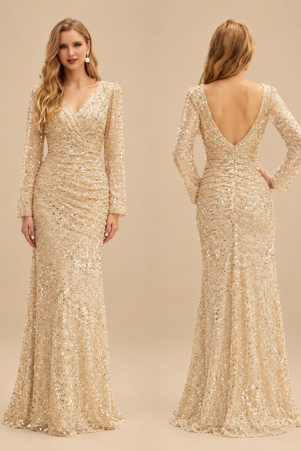 Rutipo Champagne Sparkly V-Neck Long Sleeves Sweep Train Sequined Wedding Dresses With Split Front