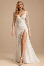 Rutipo Ivory Sparkly V-Neck Long Sleeves Sweep Train Sequined Wedding Dresses With Split Front