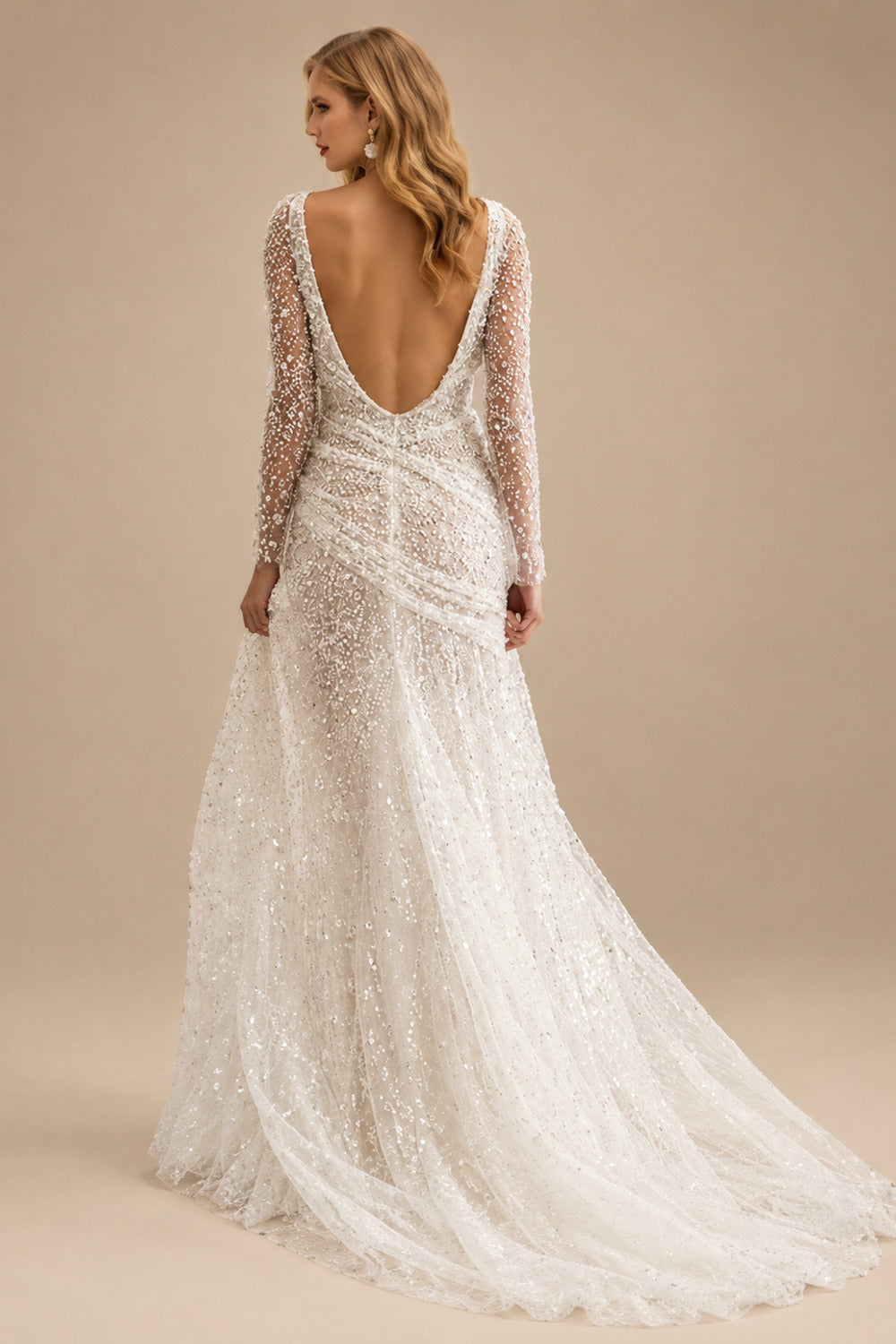 Rutipo Ivory Sparkly V-Neck Long Sleeves Sweep Train Sequined Wedding Dresses With Split Front