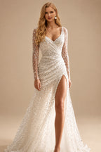 Rutipo Ivory Sparkly V-Neck Long Sleeves Sweep Train Sequined Wedding Dresses With Split Front