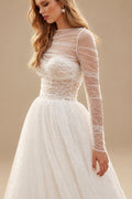Rutipo Ivory A-Line Illusion Neck Long Sleeves Sweep Train Tulle/Sequined Wedding Dresses
