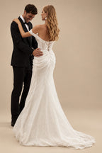 Rutipo Ivory Sheath Off-The-Shoulder Sleeveless Sweep Train Sequined Wedding Dresses