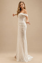 Rutipo Ivory Sheath Off-The-Shoulder Sleeveless Sweep Train Sequined Wedding Dresses