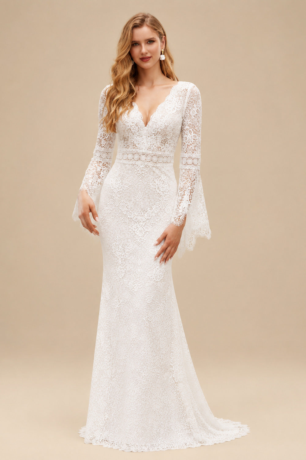 Rutipo Ivory Trumpet/Mermaid V-Neck Long Sleeves Floor-Length Lace Wedding Dresses