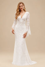Rutipo Ivory Trumpet/Mermaid V-Neck Long Sleeves Floor-Length Lace Wedding Dresses