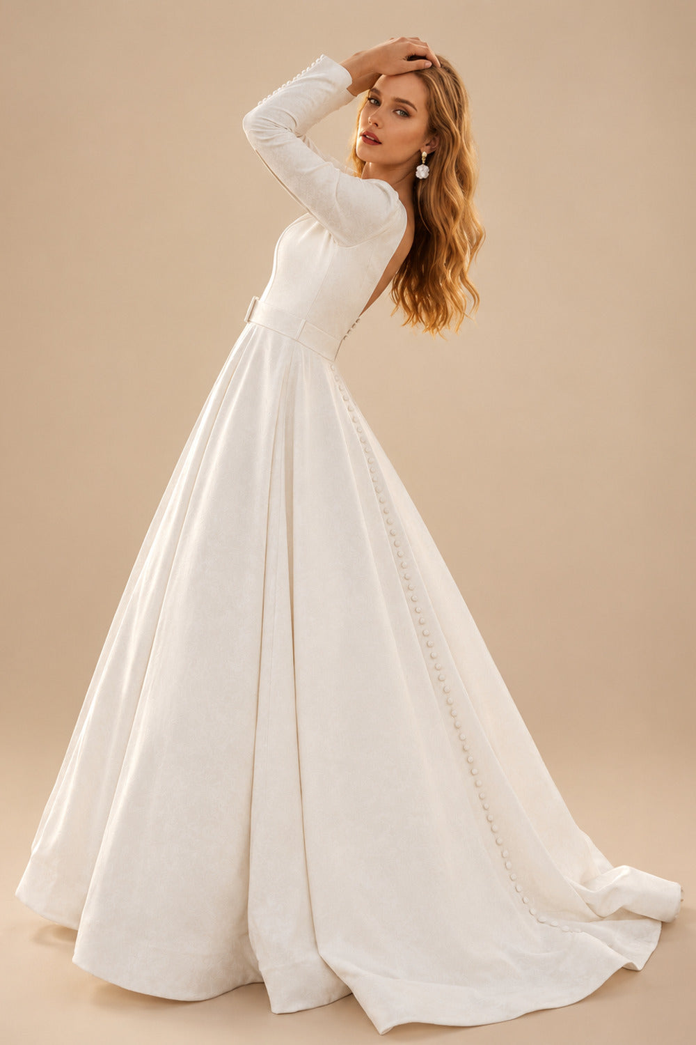 Rutipo Ivory Elegant Simple Long Sleeves Satin Wedding Dresses With A-Line