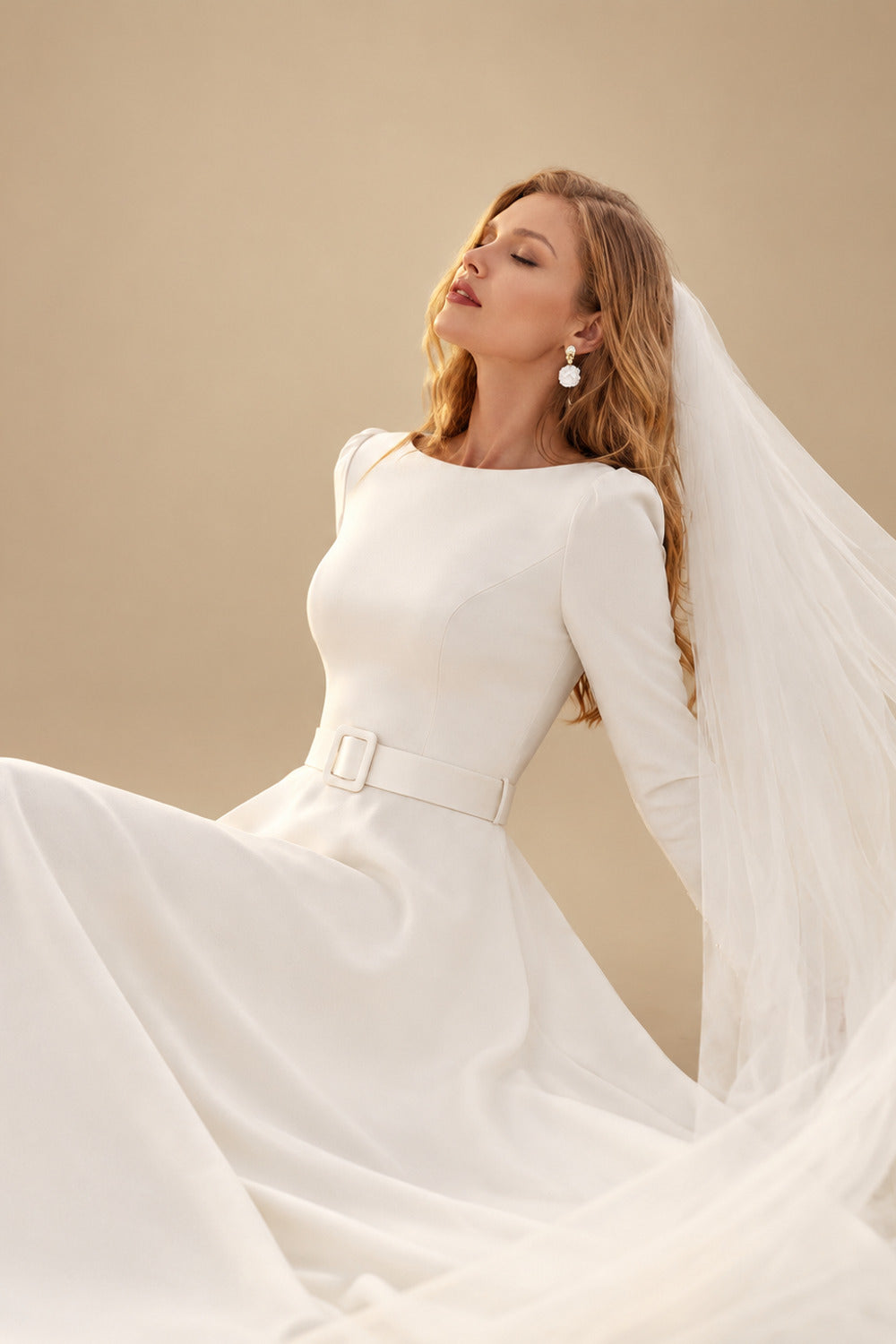 Rutipo Ivory Elegant Simple Long Sleeves Satin Wedding Dresses With A-Line
