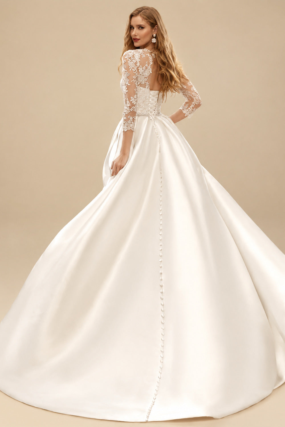 Rutipo As Picture Elegant Ball-Gown Illusion Neck 3/4 Sleeves Court Train Lace/Twill Satin Wedding Dress With Beading