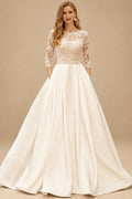 Rutipo As Picture Elegant Ball-Gown Illusion Neck 3/4 Sleeves Court Train Lace/Twill Satin Wedding Dress With Beading