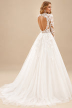 Rutipo Ivory High Neck Lace Long Sleeves Ball-Gown Wedding Dresses
