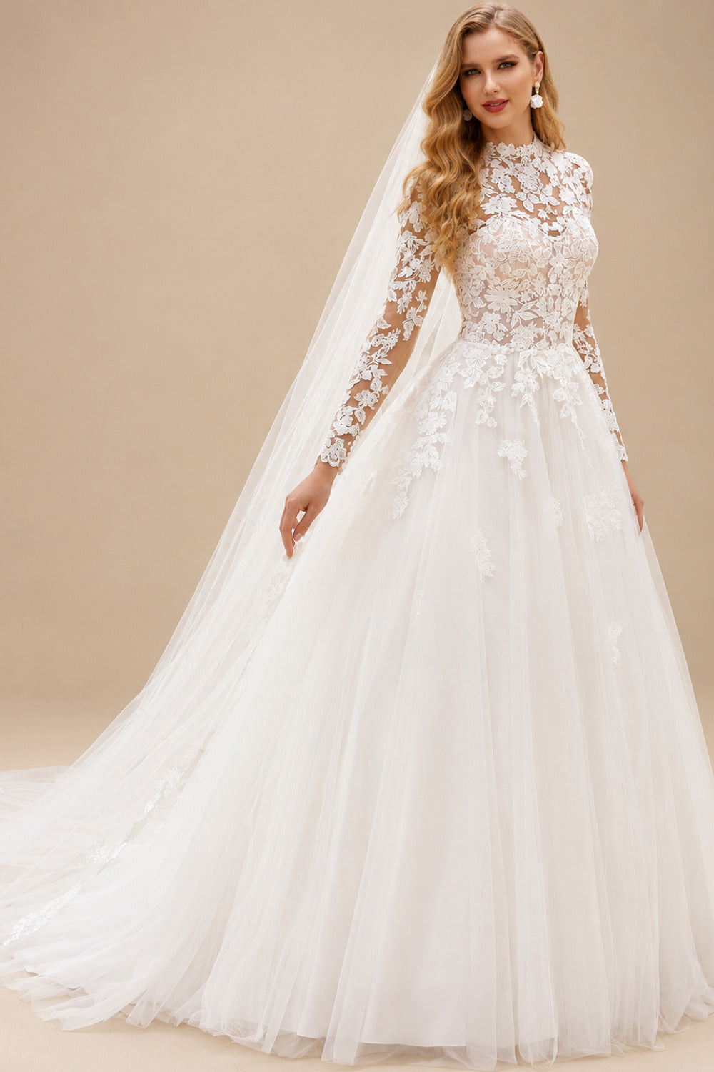 Rutipo Ivory High Neck Lace Long Sleeves Ball-Gown Wedding Dresses