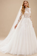 Rutipo Ivory High Neck Lace Long Sleeves Ball-Gown Wedding Dresses
