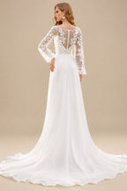 Rutipo Ivory A-Line Illusion Neck Long Sleeves Lace/Tulle Wedding Dresses With Split Front