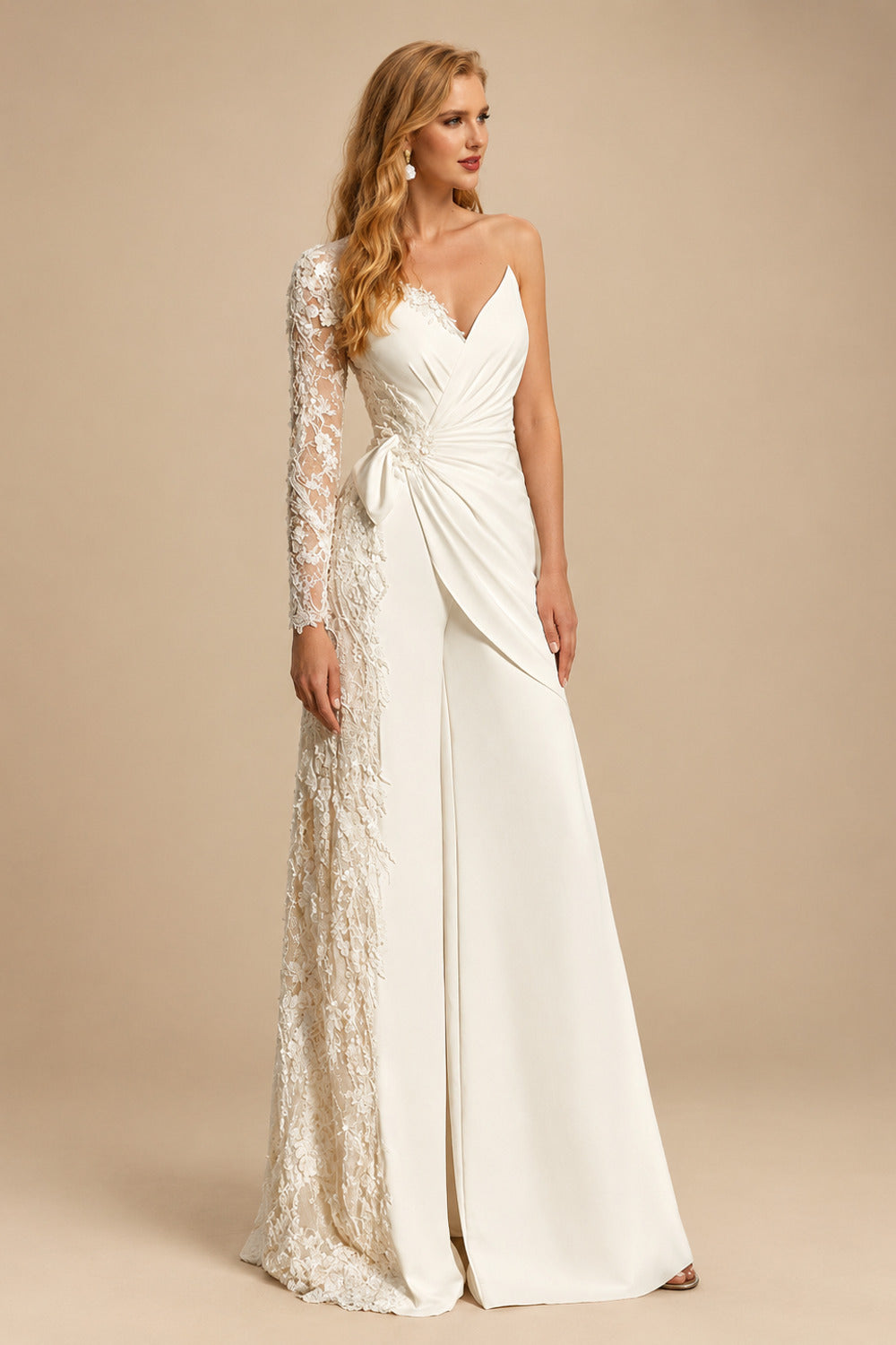 Rutipo Ivory Long Sleeves Floor-Length Wedding Jumpsuit With Appliques Lace