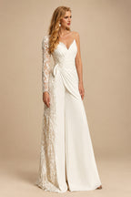Rutipo Ivory Long Sleeves Floor-Length Wedding Jumpsuit With Appliques Lace
