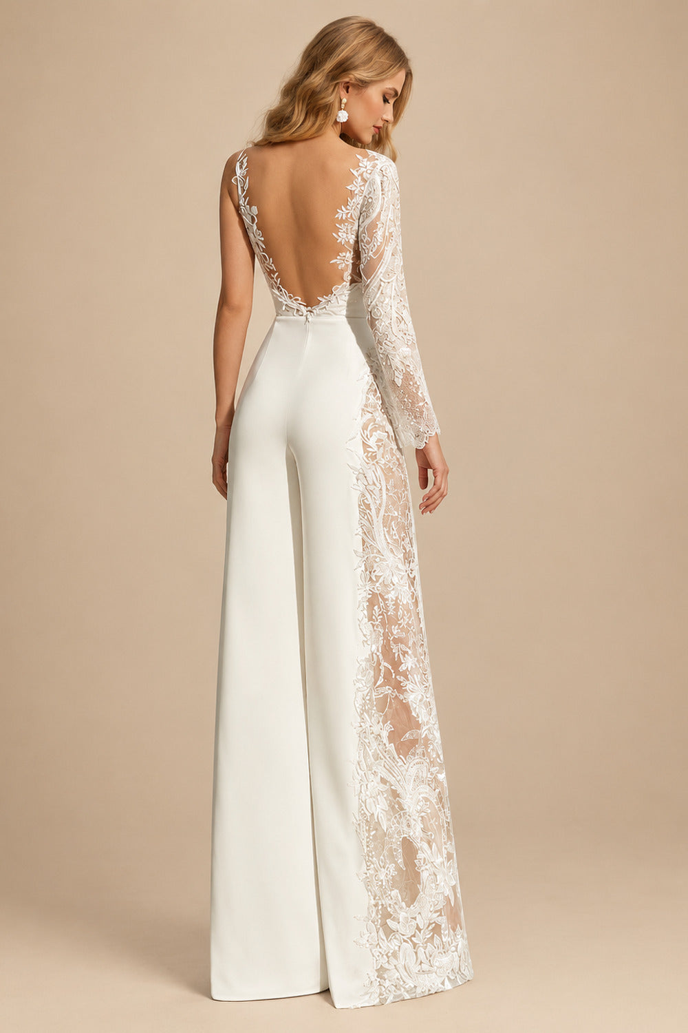 Rutipo Ivory Long Sleeves Floor-Length Wedding Jumpsuit With Appliques Lace