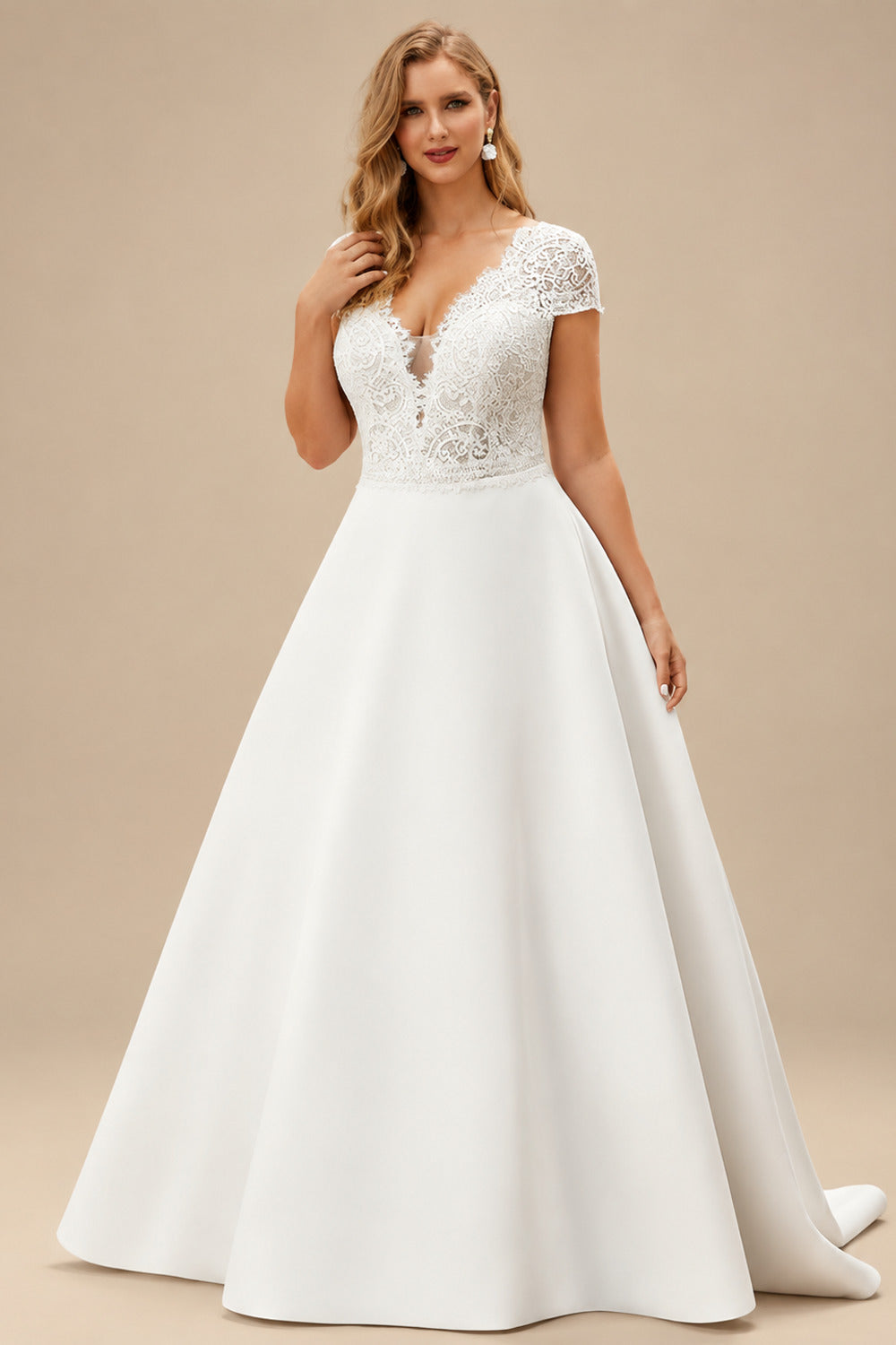 Rutipo Ivory Plus Size A-Line V-Neck Short Sleeves Sweep Train Lace/Satin Wedding Dresses