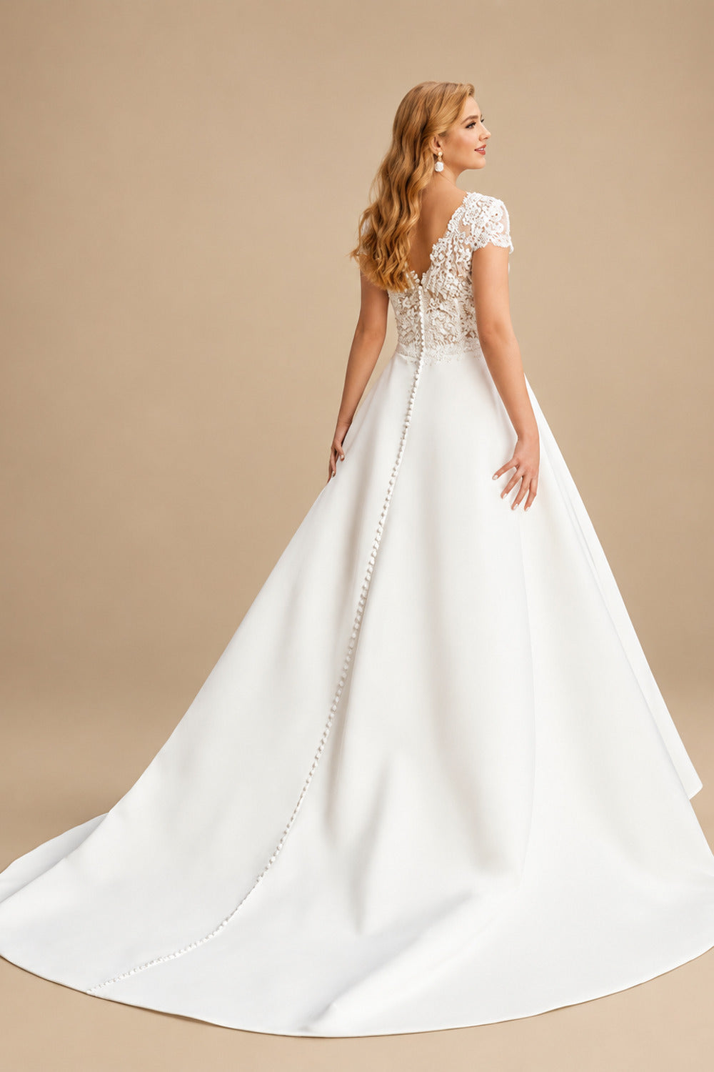 Rutipo Ivory Plus Size A-Line V-Neck Short Sleeves Sweep Train Lace/Satin Wedding Dresses