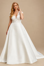 Rutipo Ivory Plus Size A-Line V-Neck Short Sleeves Sweep Train Lace/Satin Wedding Dresses