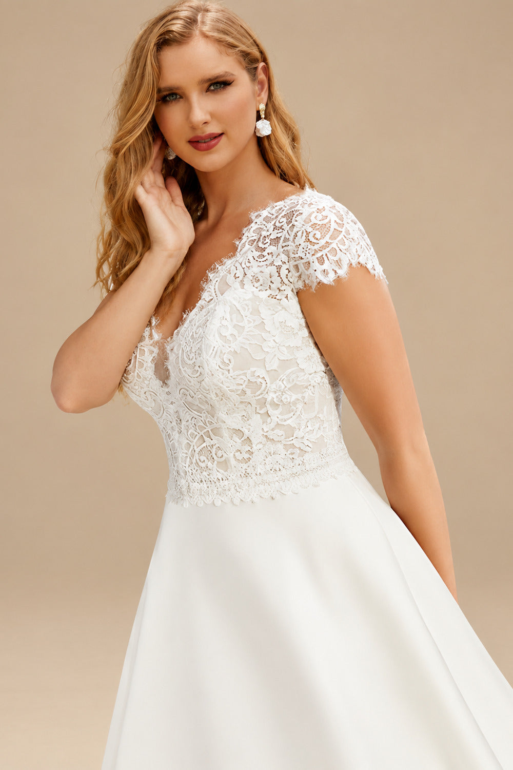 Rutipo Ivory Plus Size A-Line V-Neck Short Sleeves Sweep Train Lace/Satin Wedding Dresses