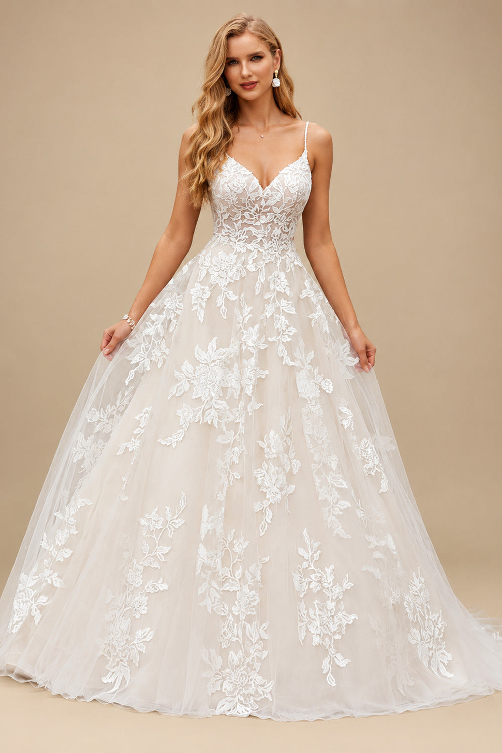 Rutipo As Picture A-Line V-Neck Sleeveless Sweep Train Lace/Tulle Wedding Dresses