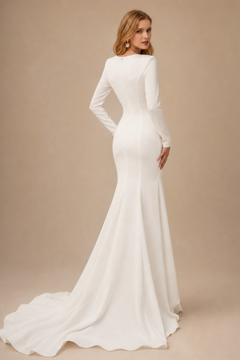 Rutipo Ivory Trumpet/Mermaid V-Neck Long Sleeves Elastic Satin/Sequined Wedding Dresses