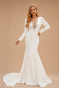 Rutipo Ivory Trumpet/Mermaid V-Neck Long Sleeves Elastic Satin/Sequined Wedding Dresses