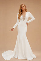 Rutipo Ivory Trumpet/Mermaid V-Neck Long Sleeves Elastic Satin/Sequined Wedding Dresses