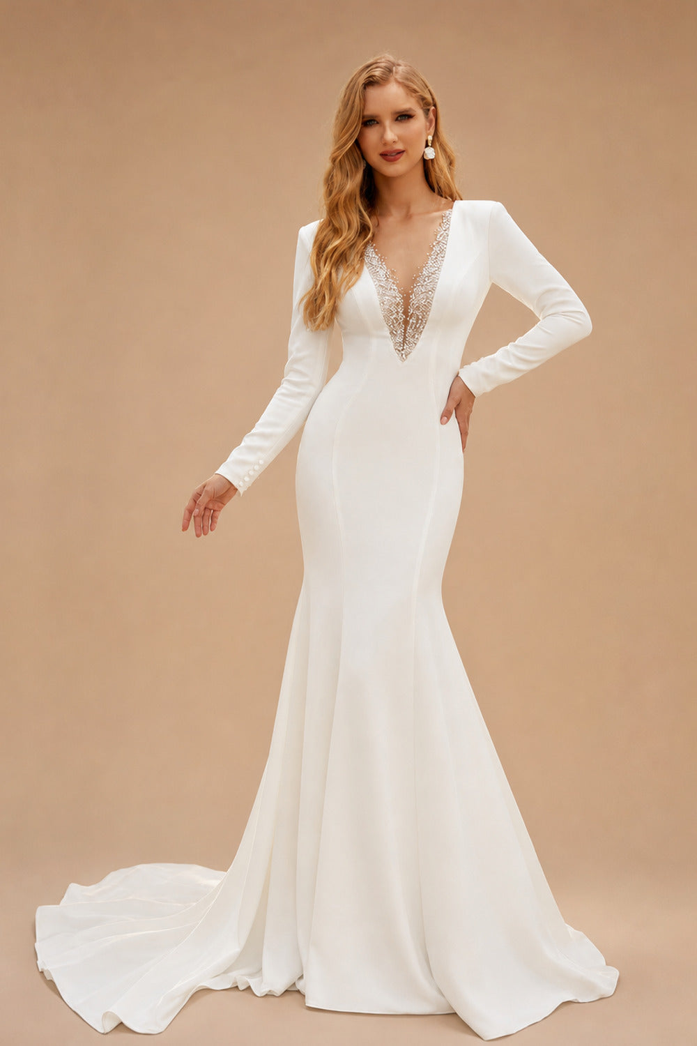 Rutipo Ivory Trumpet/Mermaid V-Neck Long Sleeves Elastic Satin/Sequined Wedding Dresses