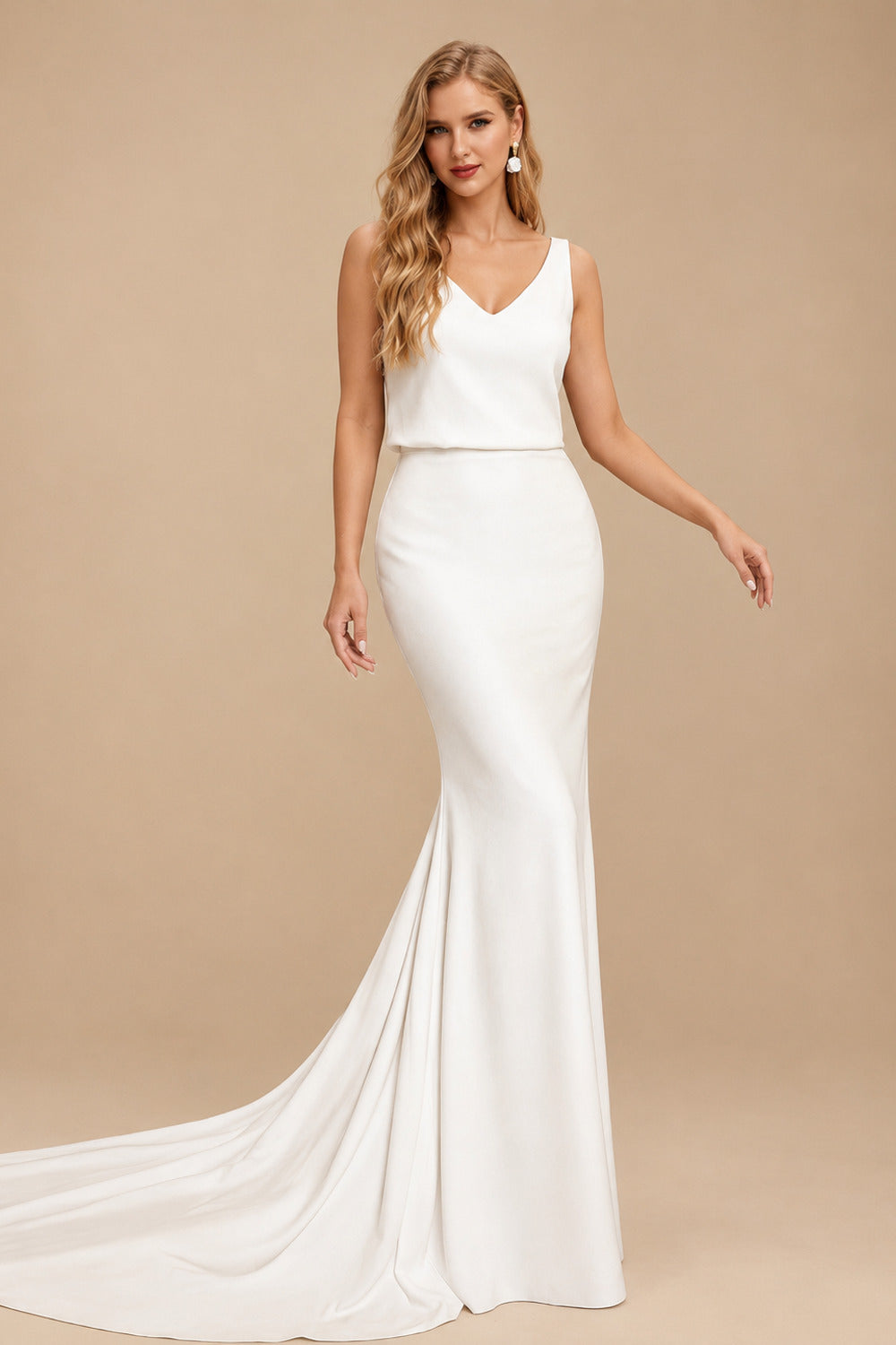 Rutipo Ivory Boho/Beach V-Neck Sleeveless Sweep Train Elastic Satin Wedding Dresses