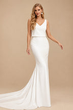Rutipo Ivory Boho/Beach V-Neck Sleeveless Sweep Train Elastic Satin Wedding Dresses