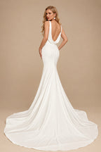 Rutipo Ivory Boho/Beach V-Neck Sleeveless Sweep Train Elastic Satin Wedding Dresses