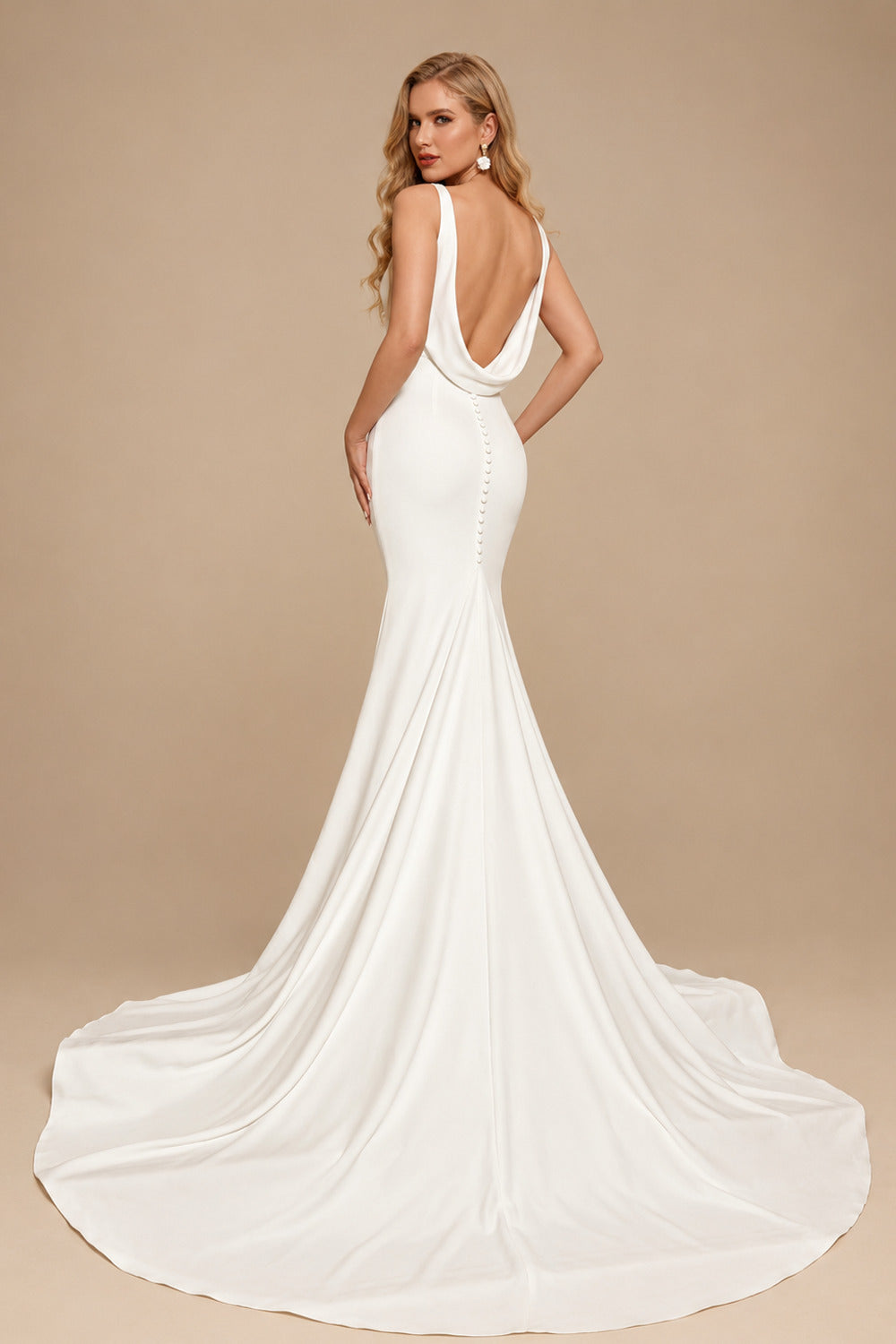 Rutipo Ivory Boho/Beach V-Neck Sleeveless Sweep Train Elastic Satin Wedding Dresses