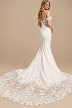 Rutipo Ivory Trumpet/Mermaid Off-The-Shoulder Lace/Elastic Satin Wedding Dresses