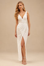 Rutipo Ivory Sheath/Column V-Neck Sleeveless Sequined Wedding Dresses With Split Front