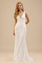 Rutipo Ivory Sheath/Column V-Neck Sleeveless Sequined Wedding Dresses With Split Front