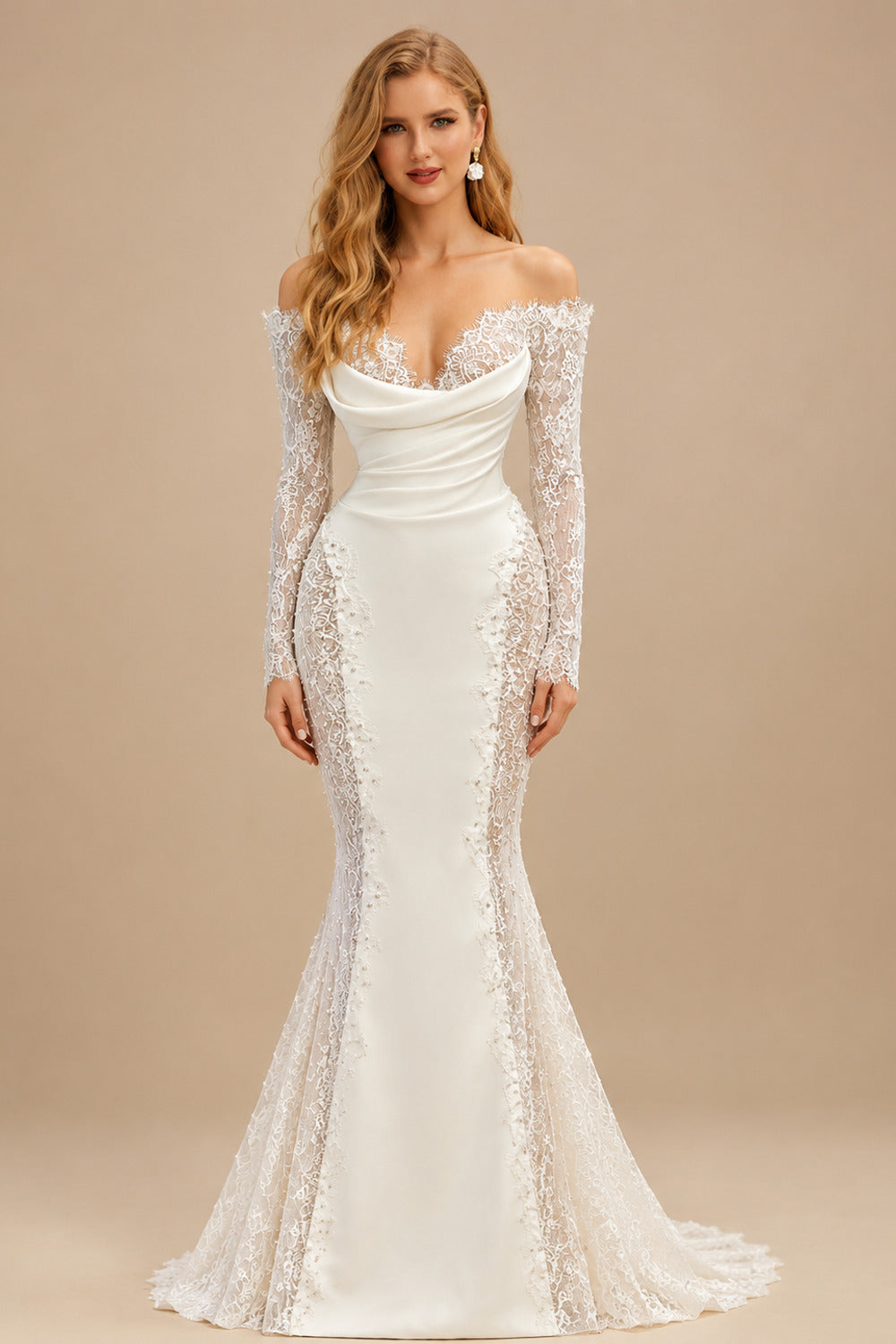Rutipo Ivory Lace Long Sleeves Off-The-Shoulder Trumpet/Mermaid Wedding Dresses With Pearl