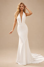 Rutipo Ivory Trumpet/Mermaid Halter Sleeveless Elastic Satin Wedding Dresses