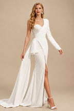 Rutipo Ivory Sheath/Column One-Shoulder Long Sleeves Wedding Dresses With Split Front